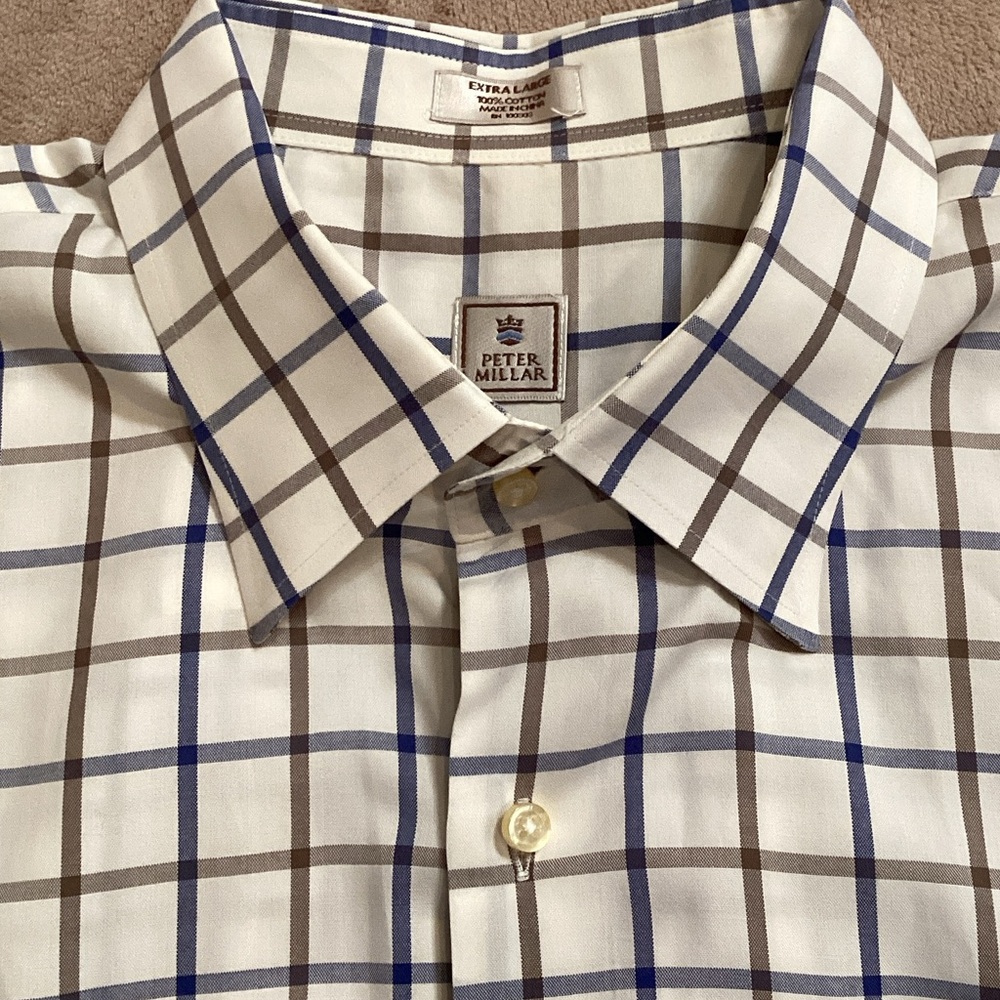 Peter Millar Men's XL White Shirt with Blue and Brown Plaid